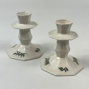 Nikko Japan Holly Berry Christmas Taper Candle Holders Set of 2 Porcelain 4"